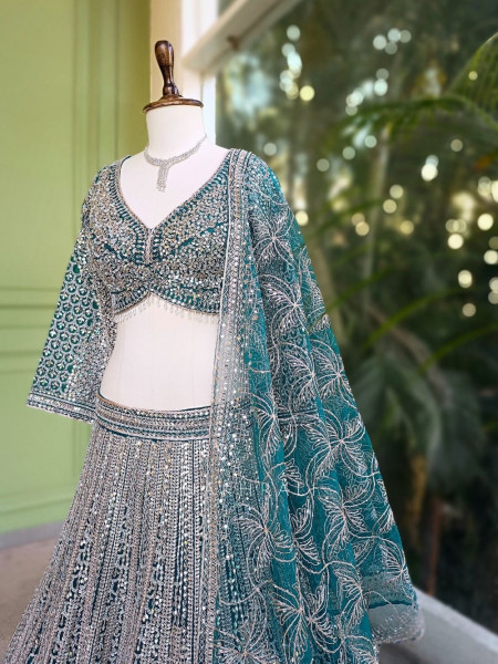 Rivarka Rama Green Mirror and Bead Embroidered Bridal Lehenga