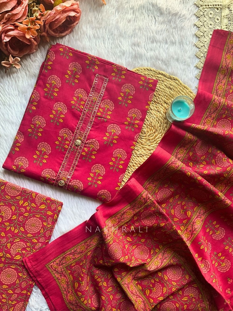 Image of Bela Magenta Cotton Printed Dress Material