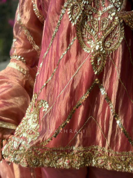 Briona Peach Tissue Kurta Set with Heavy Hand Embroidery
