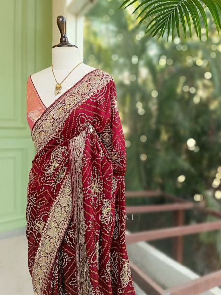 Rivaya Maroon Bandhej Saree With Runing Blouse