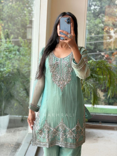 Mrinalini Sea Green Tissue Silk Suit Set
