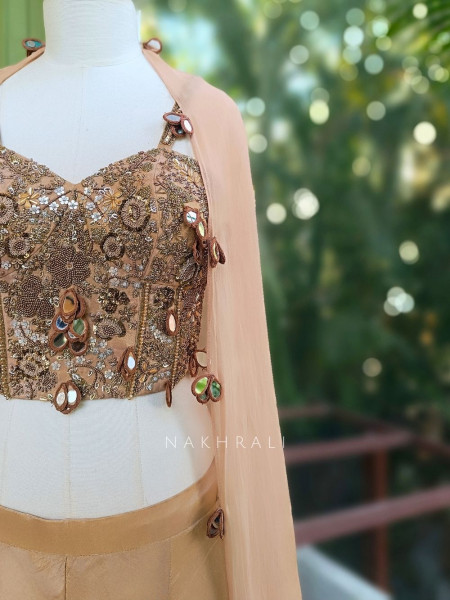 Zelvara Beige Embellished Corset & Palazzo Set with Dupatta