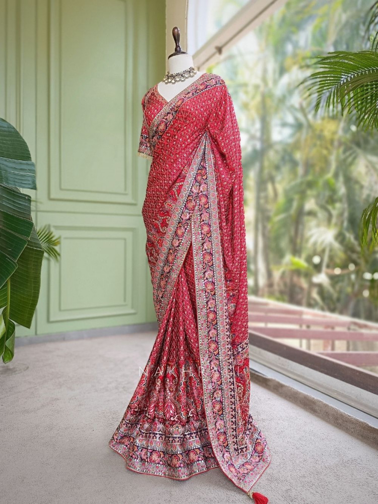 Image of Chitralekha Magenta Printed Saree with Sequin Embroidery