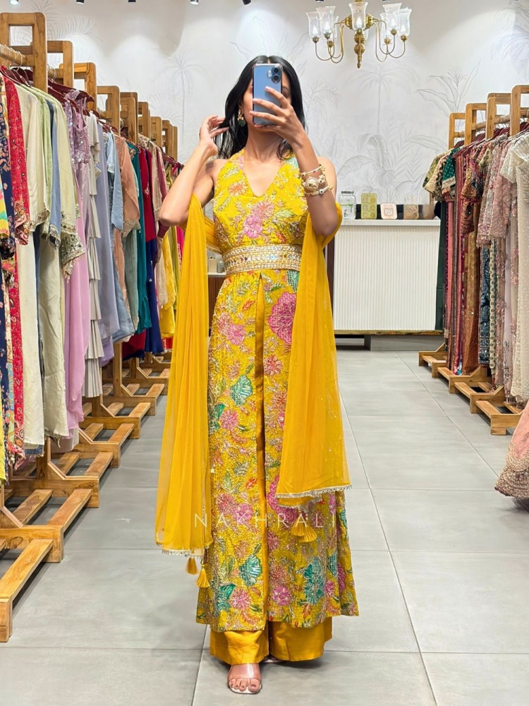 Image of Tirva Yellow Indo Western Palazzo Set with Floral Print and Mirror Work