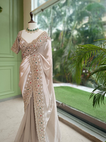 Rajvika Beige Metallic Tissue Silk Saree with Readymade Blouse