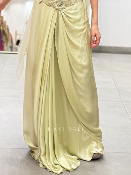 Celadon Pista Green Net & Satin-Silk Blend Indo-Western Crop Top Skirt Set