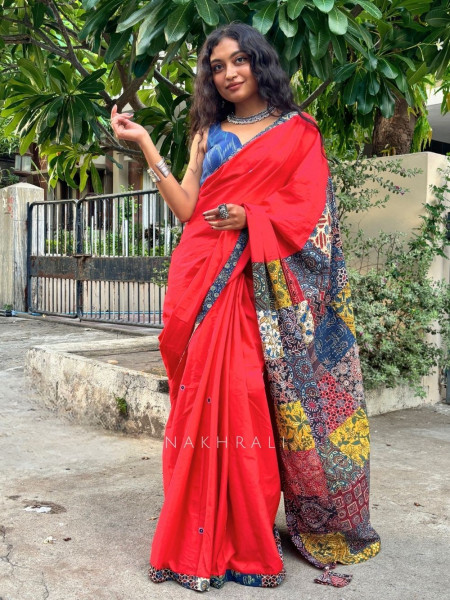 Sootra Red Cotton Saree with Patchwork Border