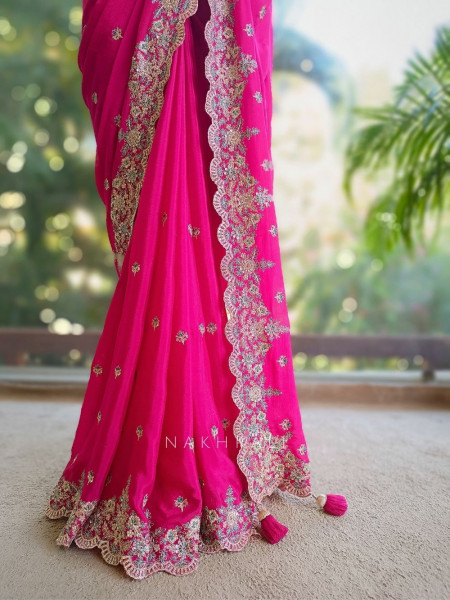 Zynira Magenta Saree with Zari Sequin Work