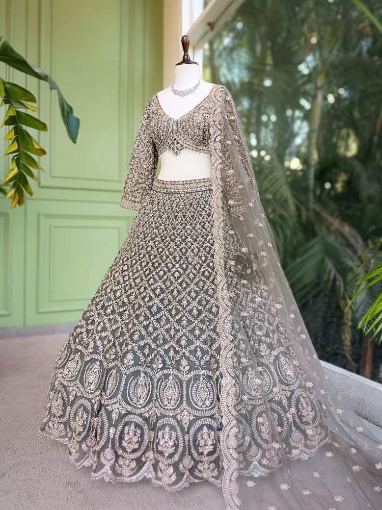 Image of Virel Regal Green Lehenga Set with Zari and Stone Work