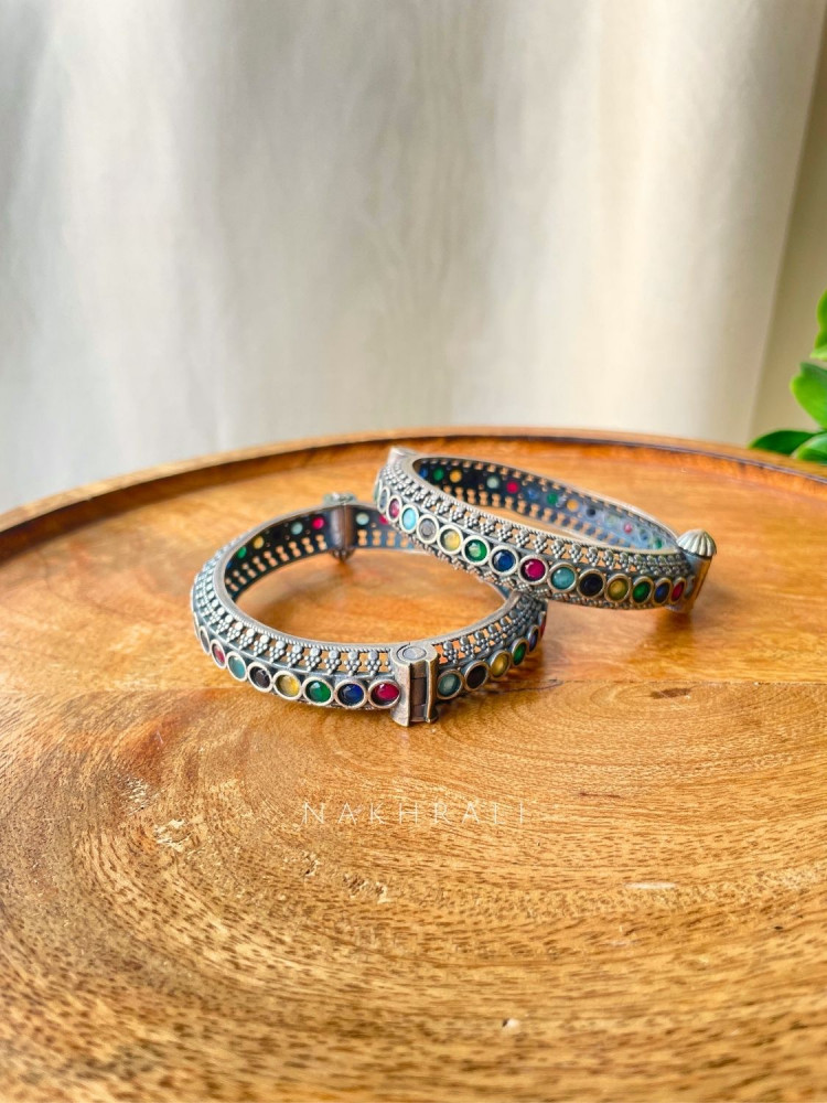 Image of Prismara Silver Navratna Openable Bangle