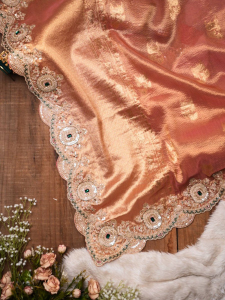 Devyani Peach Tissue Silk Saree with Zari and Zardozi Work