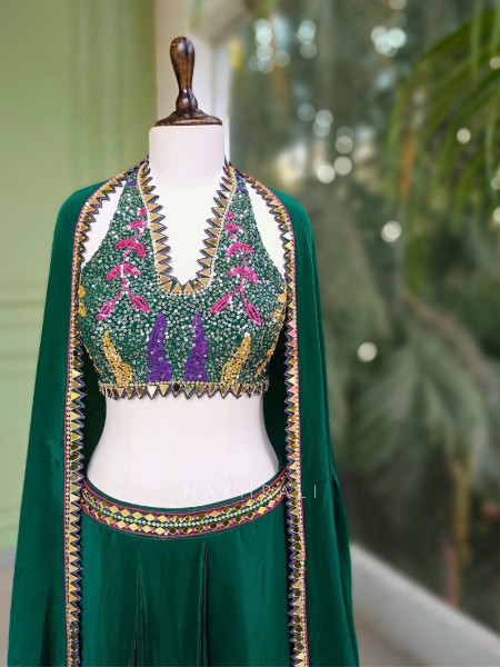 Willow Green Halter Indo-Western Set with Cape Shrug