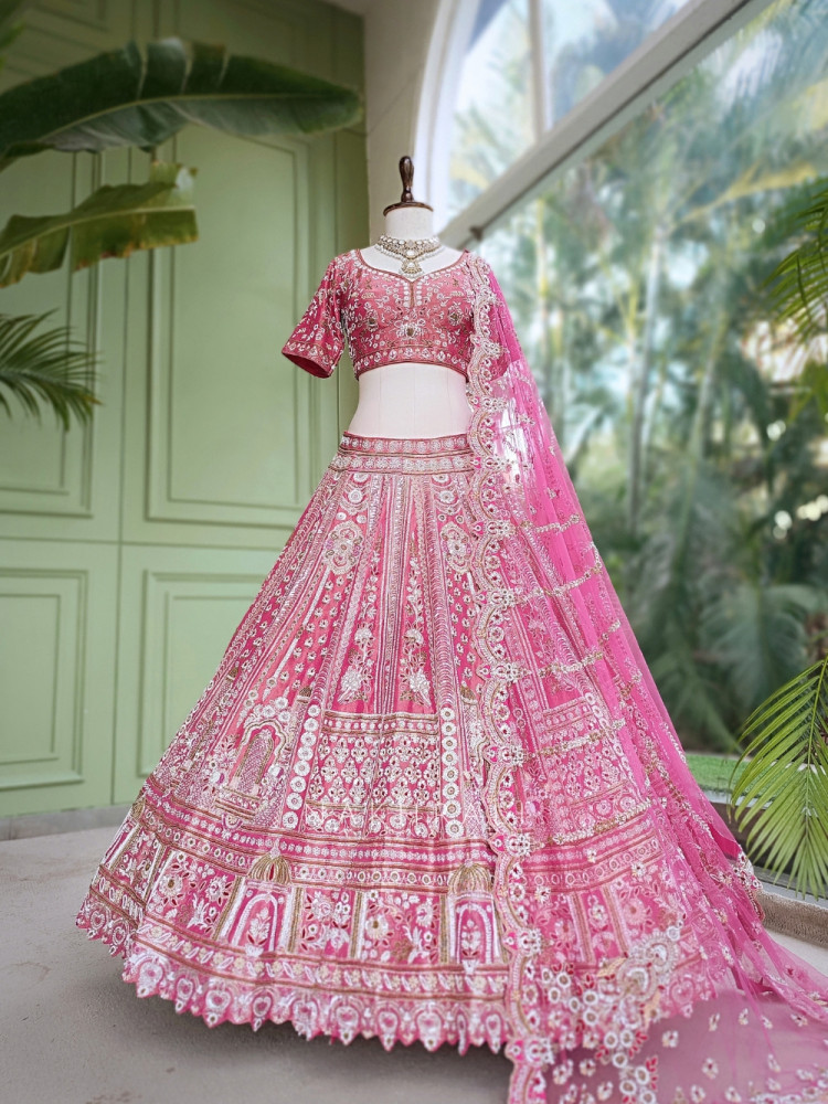 Image of Rosethorne Pink Bridal Lehenga With Zardozi, Resham &amp; Jharokha Work