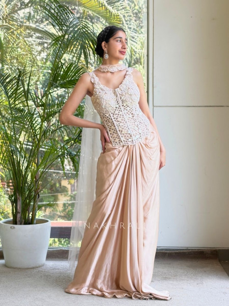 Rishika Cream Corset Style Indo Western Set with Choker Dupatta