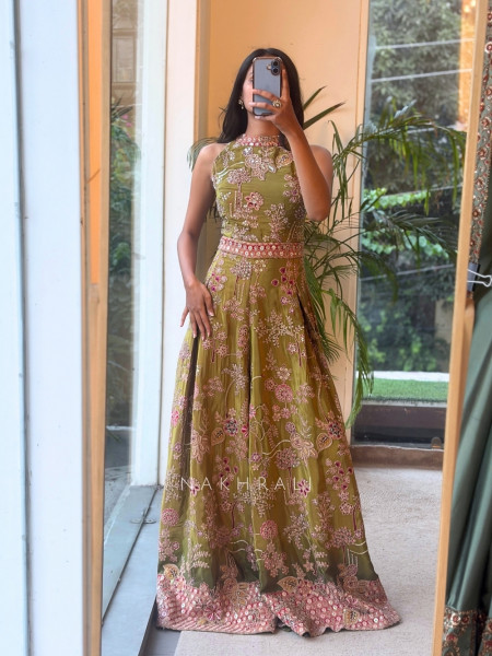 Ishvani Parrot Green Chanderi Silk Indo-Western Jumpsuit