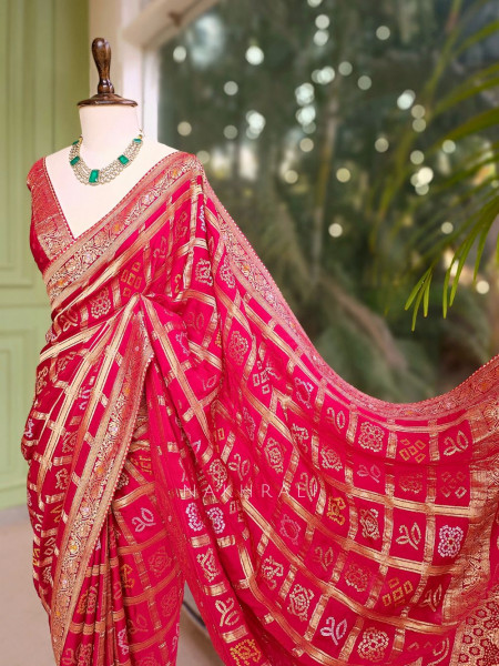 Rangriti Red Bandhani Saree with Gota Border