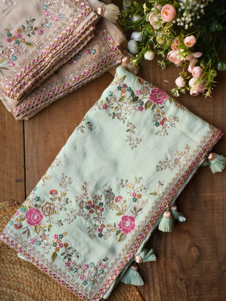 Whispers of Spring Sea Green Saree with Heavy Floral Thread Work and Readymade Blouse