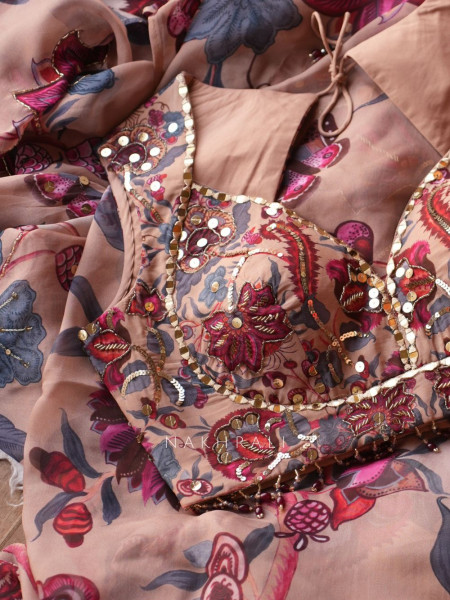 Rosalind Brown Floral Printed Saree with Mirror & Sequin Embellished