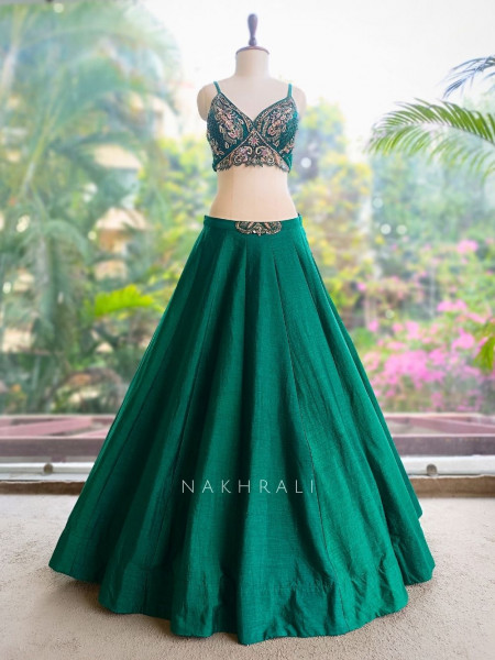 Canvas Green Lehenga Set with Abstract Print Jacket and Cut Dana Work