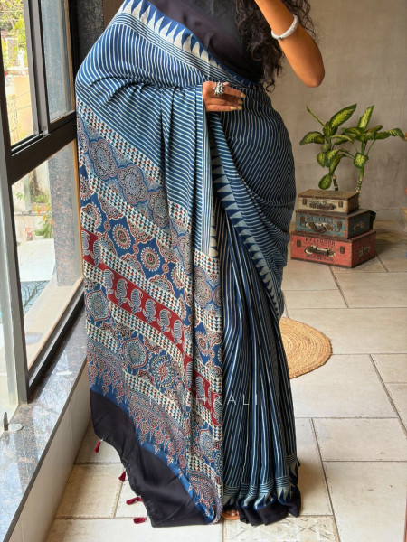 Raabta Blue Modal Saree with Ajrak Border