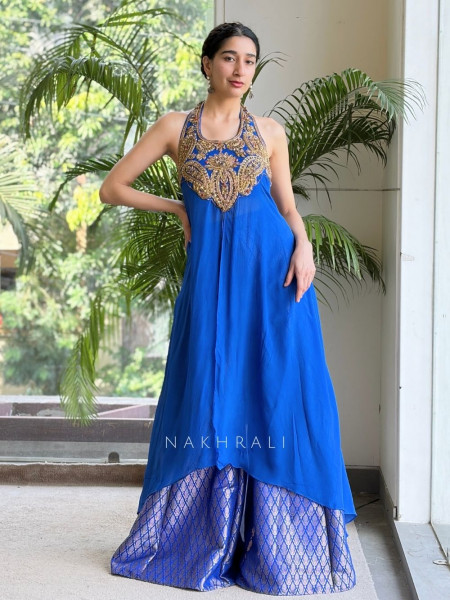 Sutra-Lekha Blue Indo Western Palazzo Set With Embellished Yoke