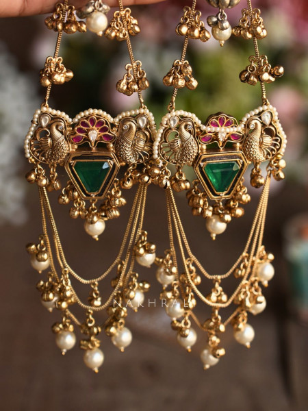 Meheraan Kashmiri Long Earrings with Pearl Drops