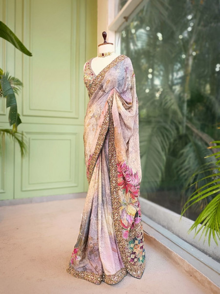Fiora Multicolor Floral Zari Mirror Saree