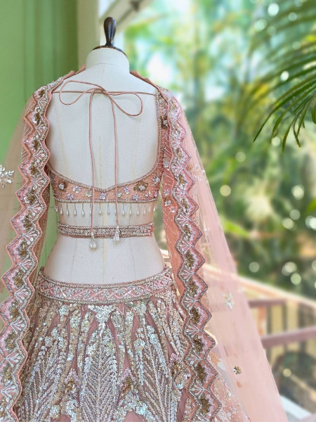 Cosmic Pink Net Lehenga with Beads Sequin and Pearl Work