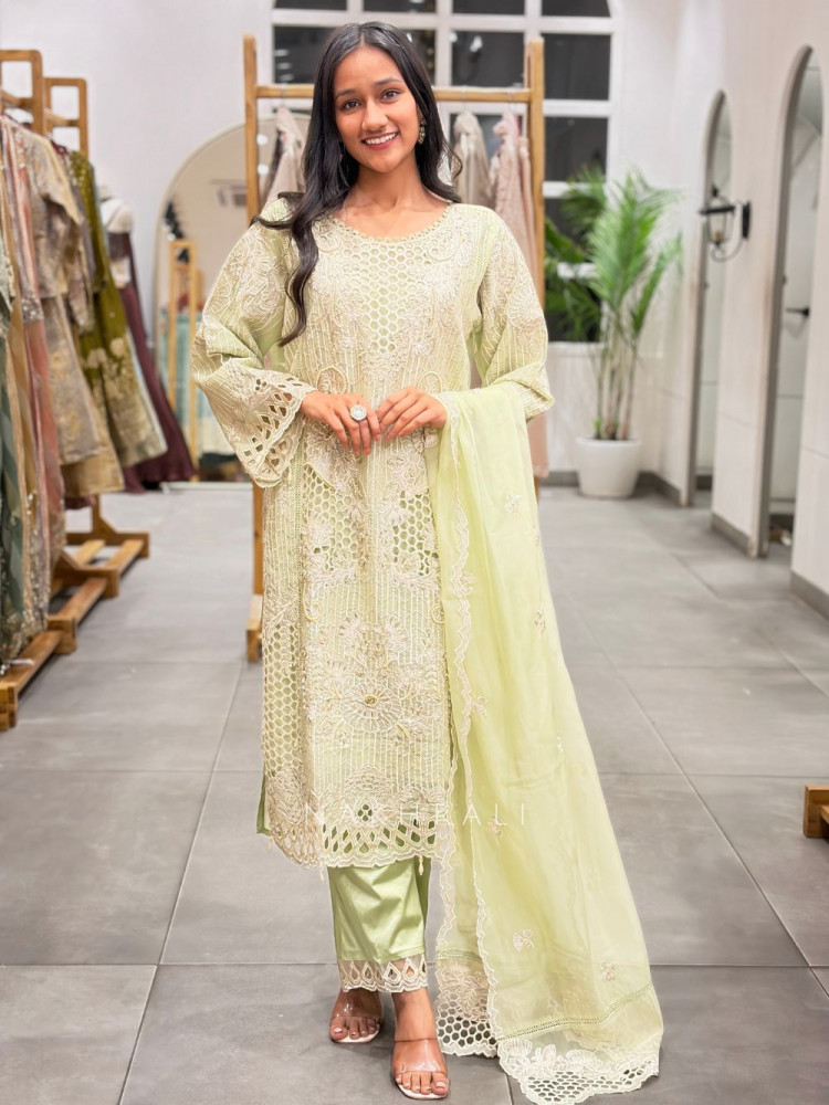 Image of Rivana Green Straight Suit Set with Cutwork and Bead Embroidery