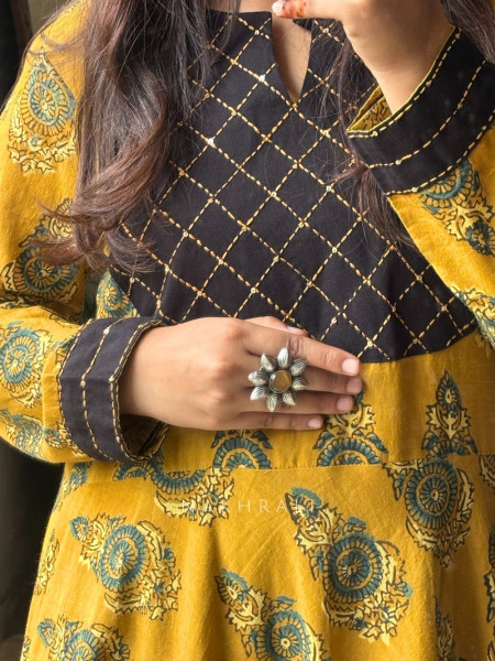 Adaa Yellow Cotton Block Printed Kurta and Palazzo with Handwork Yoke