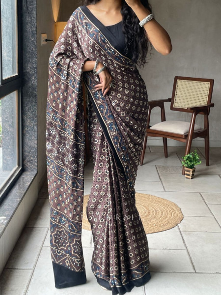Mrittika Brown Modal Silk Saree With Ajrakh Print