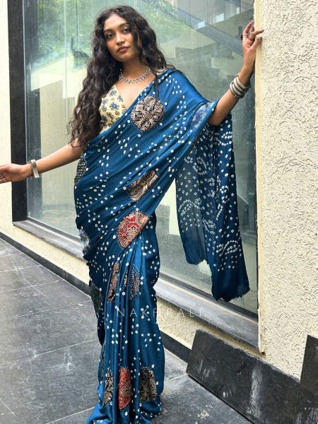 Manjari Blue Bandhej Saree with Running Blouse Piece