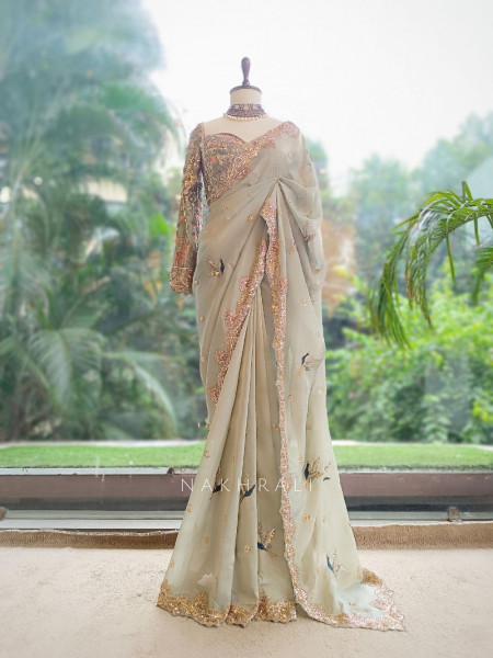 Avian Whimsy Sea Green Pure Organza Saree