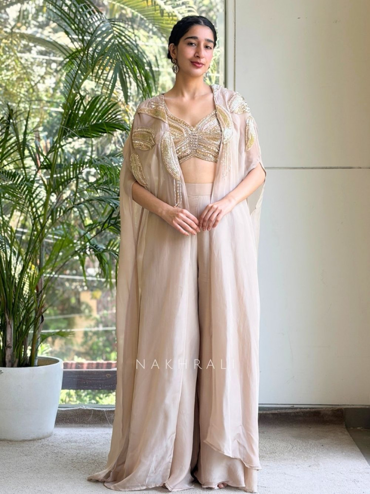Image of Triven Beige Indo Western Crop Top Palazzo Set
