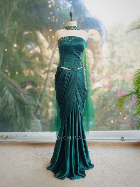 Zarina Green Satin Crop Top Skirt Set with Embroidered Detailing