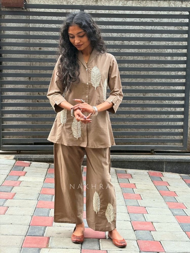 Image of Kivya Brown Cotton Co Ord Set with Embroidered Detailing