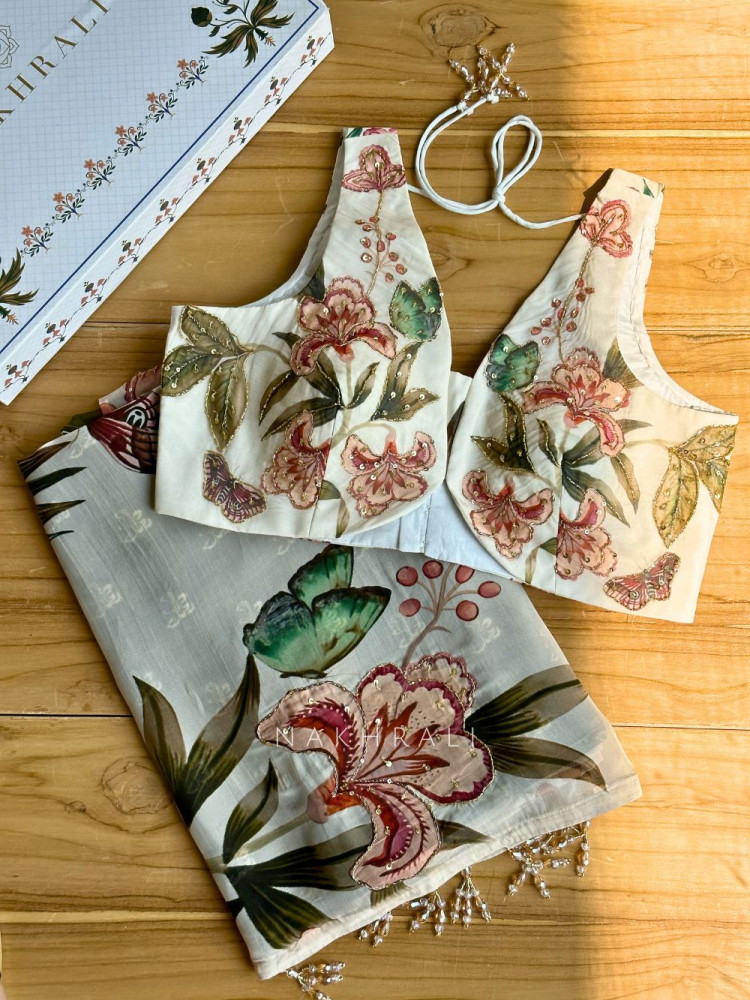 Image of Dahlia Cream Floral Organza Saree with Sequin and Cut Dana Work