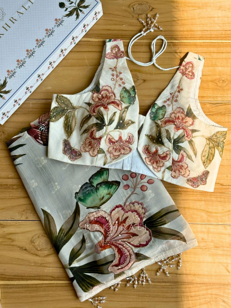 Dahlia Cream Floral Organza Saree with Sequin and Cut Dana Work