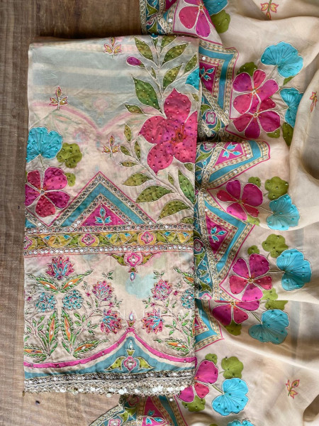 Gulrani Beige Embroidered Dress Material with Floral Geometric Work