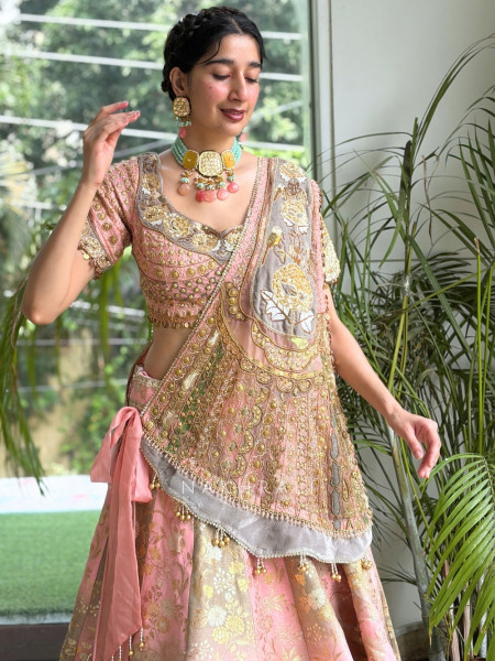 Saras Blush Pink Banarasi Brocade Silk Lehenga Set