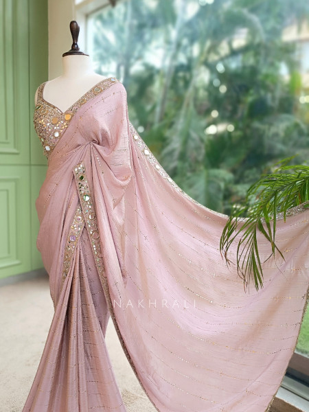 Mrinmayi Dusty Rose Crushed Georgette Saree with Readymade Blouse