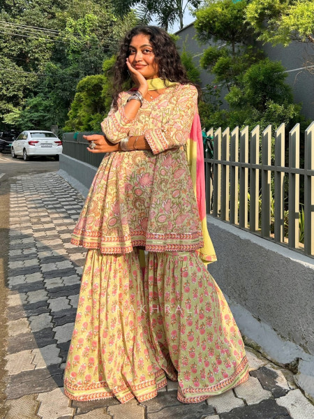 Shanaya Noor Pista Green Cotton Garara Suit Set with Dupatta