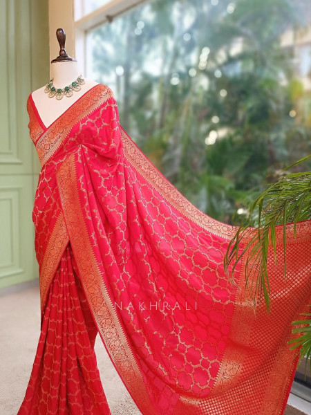 Ridhima Coral Khaddi Georgette Zari Jaal Saree