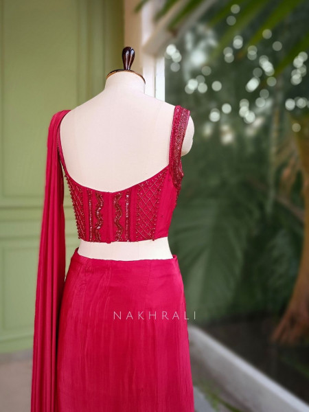 Mehika Red Sequin & Cut Dana Drape Saree Set
