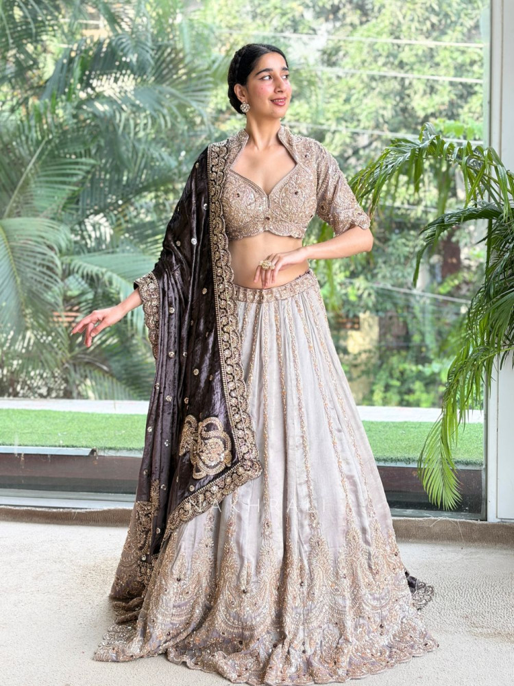 Image of Stardust Silver Grey Raw Silk &amp; Velvet Lehenga