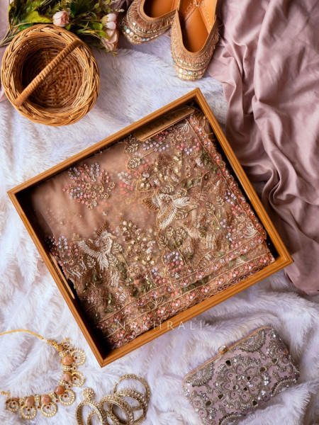 Wisteria Onion Pink Embroidered Saree with Bird and Floral Motifs
