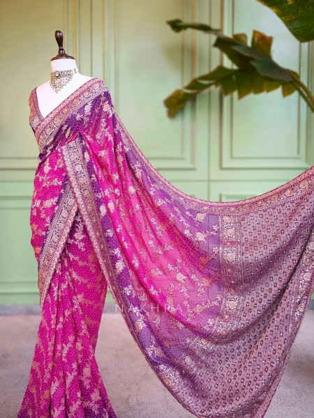 Sutra Purple Bandhani Saree With Running Blouse Piece
