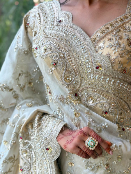 Noor-e-Chandani Cream Organza Saree with Heavy Embroidery Work