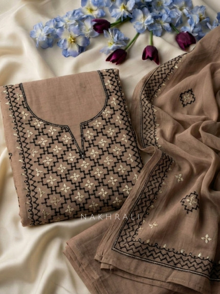 Karigari Beige Dress Material With Contrast Embroidery and Border Detail