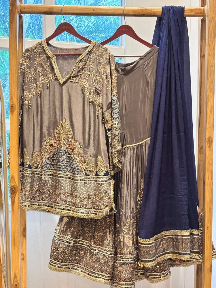Image of Dhavira Grey Metallic Tissue Georgette &amp; Modal Satin Gharara Suit Set
